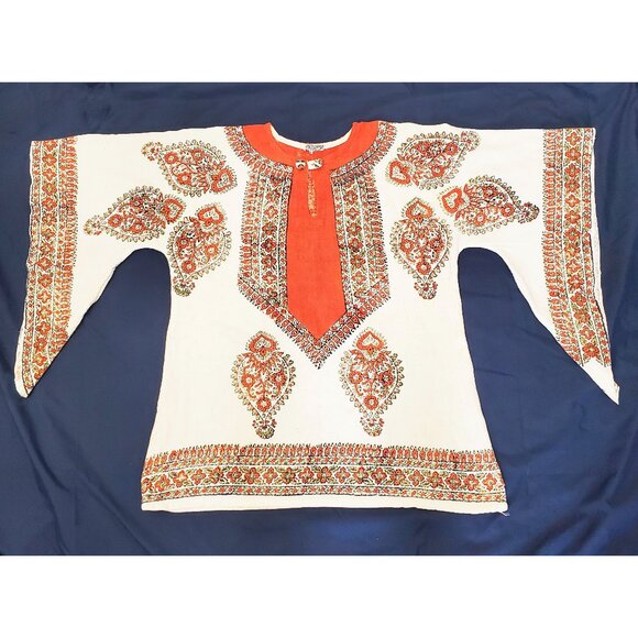 Vintage Dashiki 1970s Orange Natural Cotton Bell Sleeves Top Tunic Shirt Blouse - Picture 2 of 10